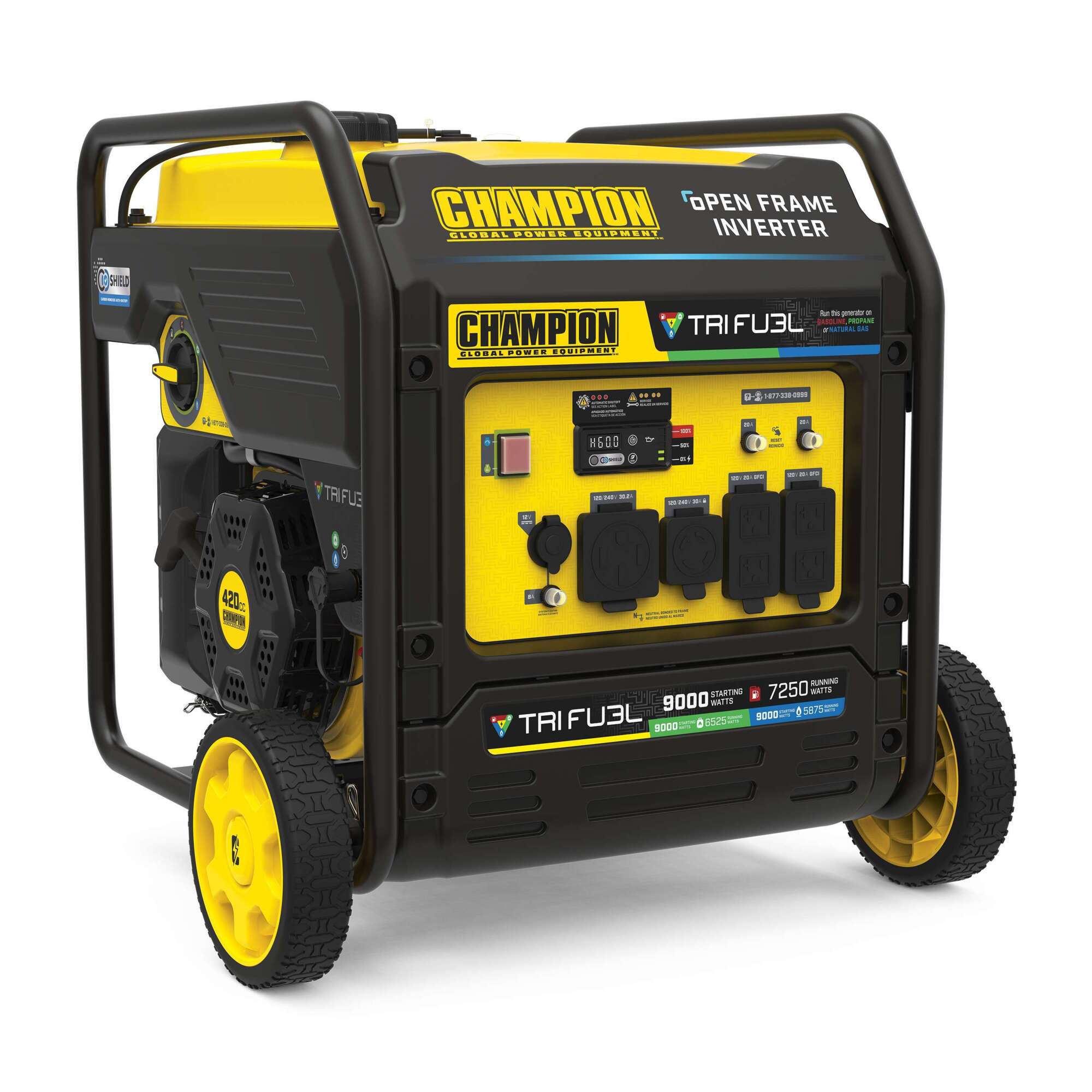 Champion Power Equipment, 9000/7250 Tri Fuel Inverter Generator w/CO Shield, Surge Watts 900 Rated Watts 7250 Voltage 120/240 Model# 201176